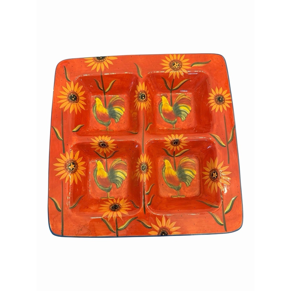 Red Rooster by Artimino Colorful Handpainted Roosters & Flowers Divided Platter
